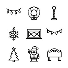 Holiday Rink Decorations. Outline icon set of holiday ice rink decorations: string lights, wreath, candy cane pole, snowflake
