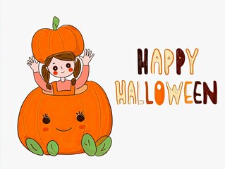 Happy Halloween Pumpkin Illustration with Child and Smiling Jack-o'-Lantern