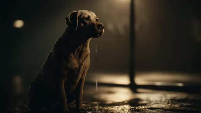 A yellow libra dog retriever sits near a street lamp in a nighttime scene looking off to the side