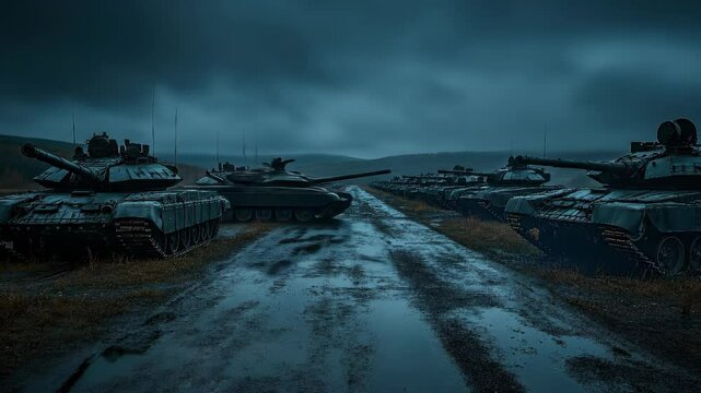 A fleet of heavy tanks positioned on a muddy road creates a powerful display of military strength against a backdrop of threatening, stormy skies. This image conveys a sense of potential conflict.