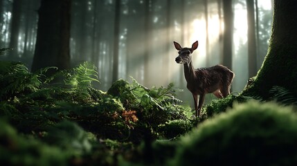 Fototapeta premium Misty green woodland scene with stag cinematic forest view peaceful nature background enchanted forest wildlife