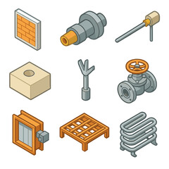 Industrial Furnace Components. Isometric Flat icon set of industrial furnace components: refractory lining panel, burner nozzle,