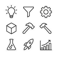 Obraz premium Innovation Pipeline Icons. Outline icon set of innovation pipeline: idea bulb, funnel icon, concept gear, prototype cube, funding