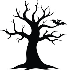 Halloween tree line art silhouette vector. Halloween tree sider hanging bats vector illustration. 