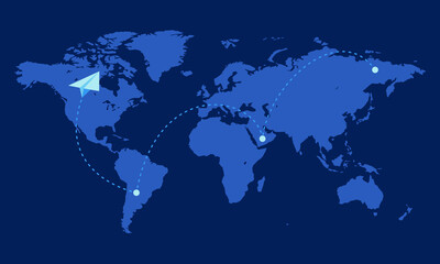 Paper plane flying across world map representing connection and freedom, global travel concept, international communication and digital mobility vector illustration