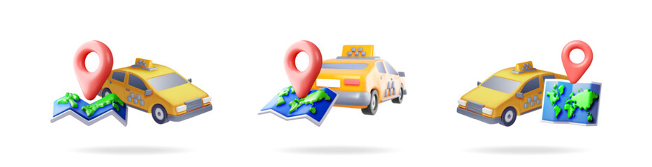 3d cartoon yellow taxi car with navigation pin and world map. Online cab booking app, travel and journey concept. © absent84