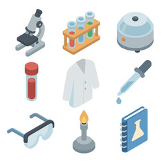 Laboratory Icons Set. Isometric Flat icon set of laboratory and pathology services: microscope, test tube rack, centrifuge, lab