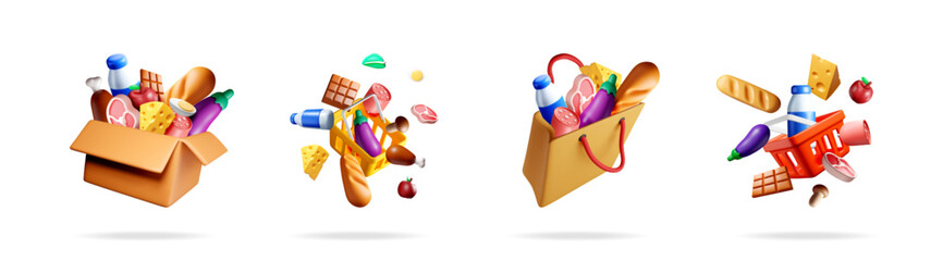 3d cartoon grocery set with shopping basket, bag, and box filled with food products for supermarket, delivery, and online shopping concept.