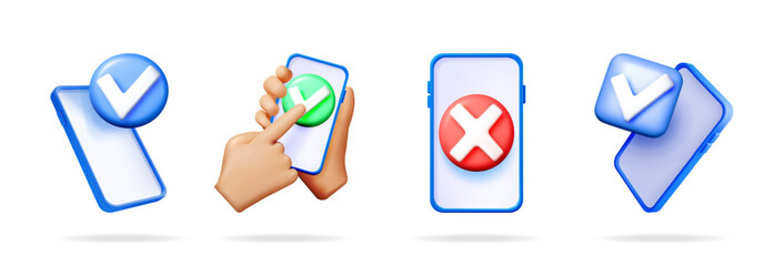 Smartphone with check mark and cross symbols. Mobile feedback concept and successful transaction sign. Notification element for application.