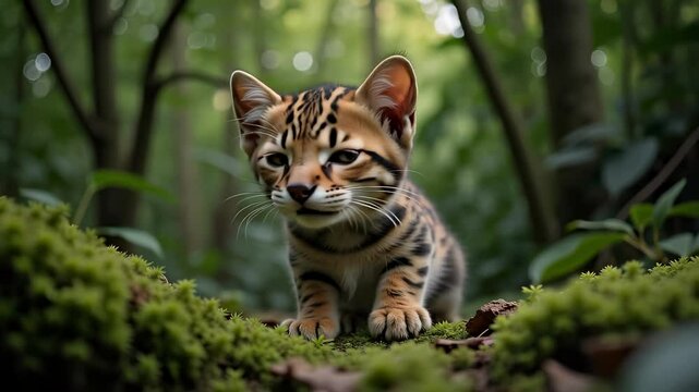 Observing a Kodkod, also known as Gui&ntilde;a, the smallest wild cat of South America, amidst a lush, softly lit forest environment with detailed face and ears.