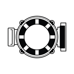 Top view of a black and white lifebuoy with handles on a white background