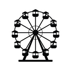 Silhouette of a ferris wheel with multiple gondolas against a white background