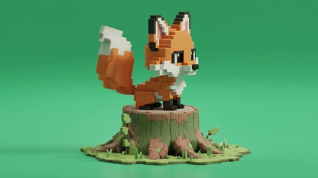 Cute Voxel Fox on Tree Stump 3D Animation in Green Background