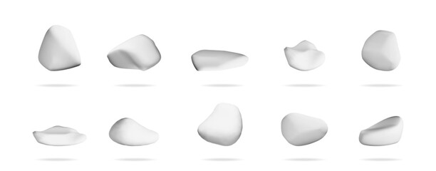 Set of abstract gray smooth 3d shapes or stones with shadow. Organic blob object collection. Minimalist graphic design element.