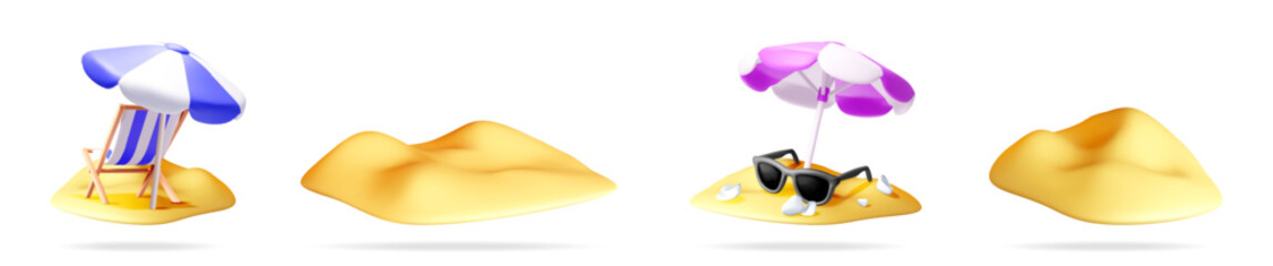 Isolated 3d render of tropical islands with beach objects. Summer vacation and travel destination concept for holiday booking.