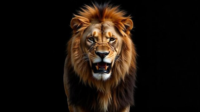 Captivating 4k footage showcases a long-haired lion in a close-up front view on a black background, radiating intense rage.