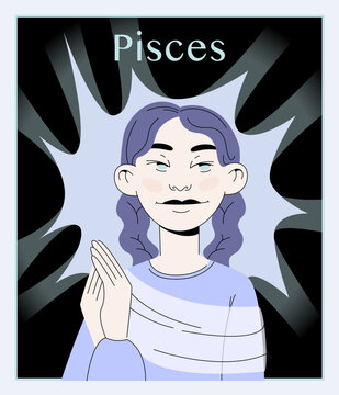 Pisces Zodiac Sign Woman. Dreamy and Artistic Vector Drawing
