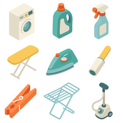 Laundry Tools Icons. Isometric Flat icon set of maintenance and cleaning of linen curtains: washing machine, laundry detergent,