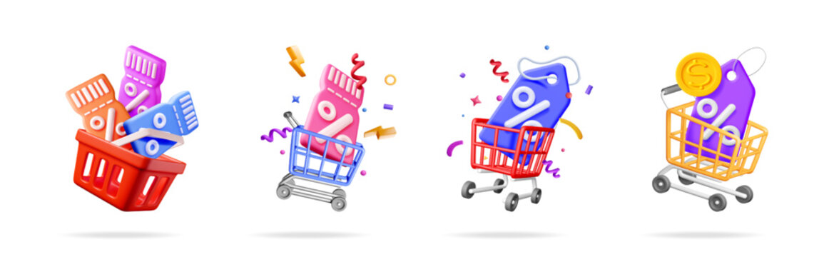 A set of 3d rendering vouchers and discount tags in shopping carts and baskets. Shopping and marketing concept for online store.