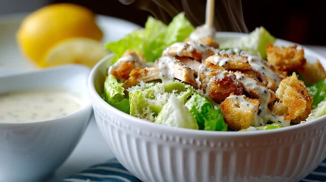 Pouring dressing over chicken caesar salad with croutons in a white bowl next to a lemon dish