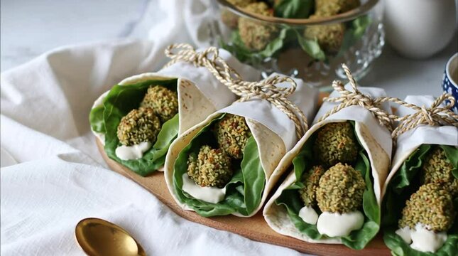 Close up of falafel wraps with lettuce and sauce on a wooden board ready to be served fresh