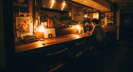 Cozy restaurant interior with a customer enjoying a quiet evening meal