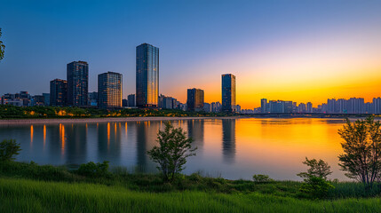 Modern city skyline of Seoul, South Korea, with tall buildings at sunset. Illustration of popular places in the world.