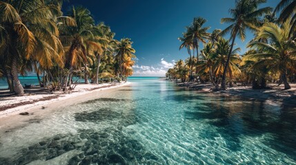 Tropical beach with turquoise water and palm trees, travel paradise, space for overlay