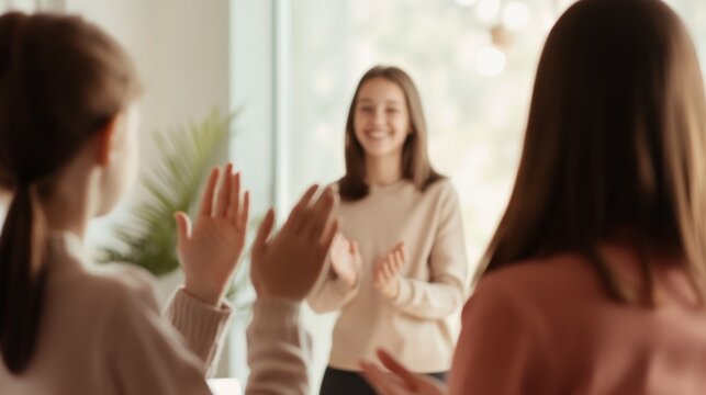 Students are clapping their hands, congratulating their teacher after a successful lesson in the classroom, celebrating knowledge and achievement