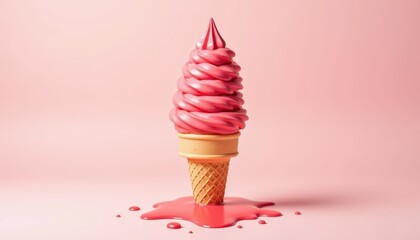 Colorful Pink Ice Cream Cone with Dripping Melt on a Pastel Background