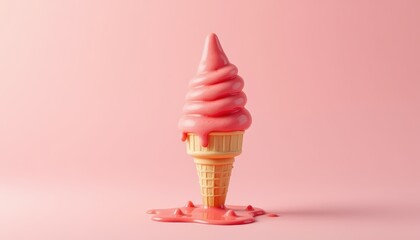 Melting pink ice cream swirl on waffle cone against a pastel pink background