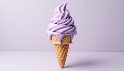 Whimsical Purple Ice Cream Cone with Creamy Swirl and Dripping Topping on White Background