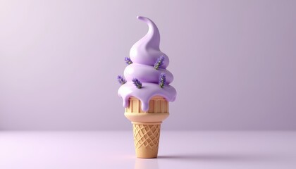 Lavender Ice Cream Cone with Whipped Cream and Fresh Lavender Flowers on Light Background