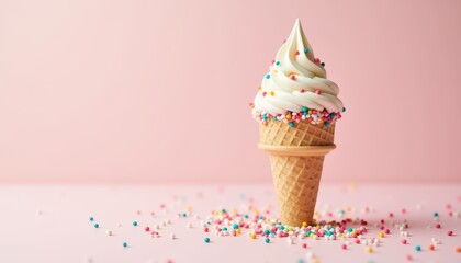 Whimsical Ice Cream Cone with Colorful Sprinkles Against Soft Pink Background
