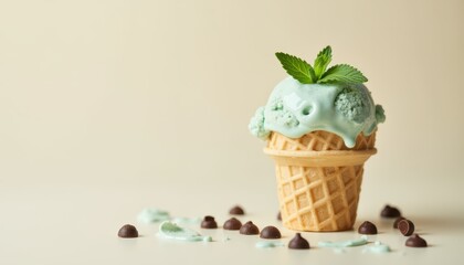 Mint Ice Cream in Waffle Cone with Chocolate Chips and Fresh Mint Leaf on Light Background