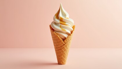 Creamy Soft Serve Ice Cream with Caramel Drizzle in Waffle Cone on Soft Pink Background