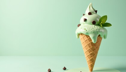 Mint Chocolate Chip Ice Cream Cone with Dripping Chocolate on a Soft Green Background