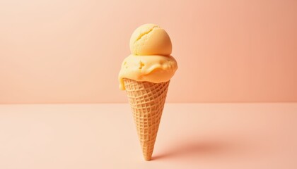Creamy Yellow Ice Cream Scoop Melting on Waffle Cone Against Soft Pink Background