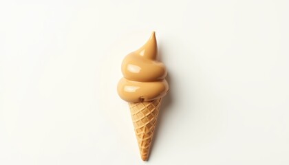 Smooth Caramel Ice Cream Swirl on a Waffle Cone Against a Clean White Background