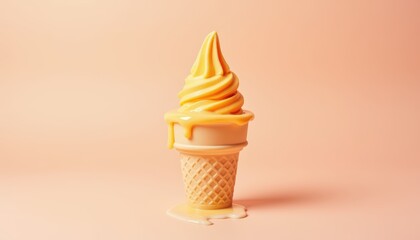 Creamy Soft Serve Ice Cream Cone with Melting Orange Flavor on Soft Pink Background