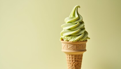Creamy Green Soft Serve Ice Cream in a Waffle Cone Against a Light Green Background