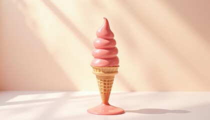 Delicious Soft Serve Ice Cream Cone with Whimsical Pink Swirl Against Soft Pastel Background