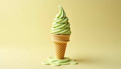 Delicious Green Soft Serve Ice Cream Cone Melting on a Beige Background