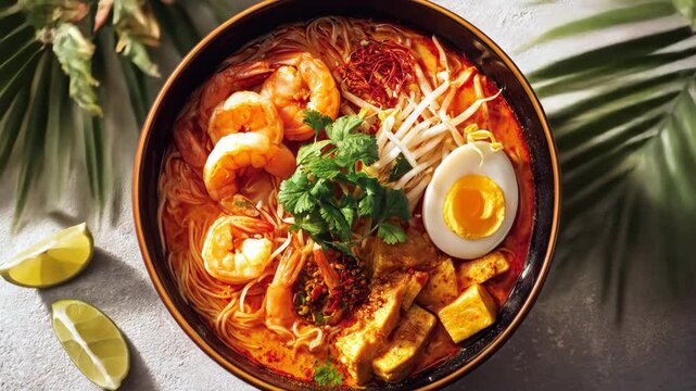 Delicious laksa noodle soup with prawn, tofu, and egg in a bowl. Close-up of traditional southeast asian cuisine, food footage.