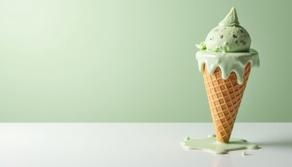 Melting Green Ice Cream Cone with Waffle Cone on a Light Green Background
