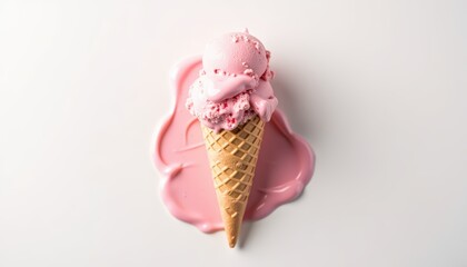Delicious Pink Ice Cream Scoop Melting on Cone with Colorful Drips on White Surface