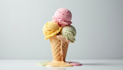 Colorful Ice Cream Scoops in a Waffle Cone Melting on a White Background