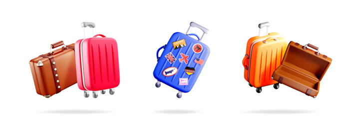 Suitcase collection for travel adventure. Set of 3d rendering travel bag icon for vacation tourism concept.