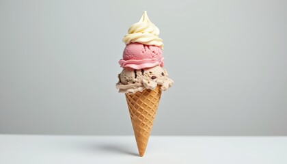 Colorful Ice Cream Cone with Three Distinct Flavors of Pink, Brown, and White on White Background