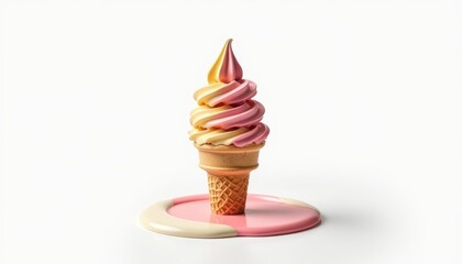 Swirled Ice Cream Cone with Pink and Yellow Toppings on a Dropped Sauce Surface
